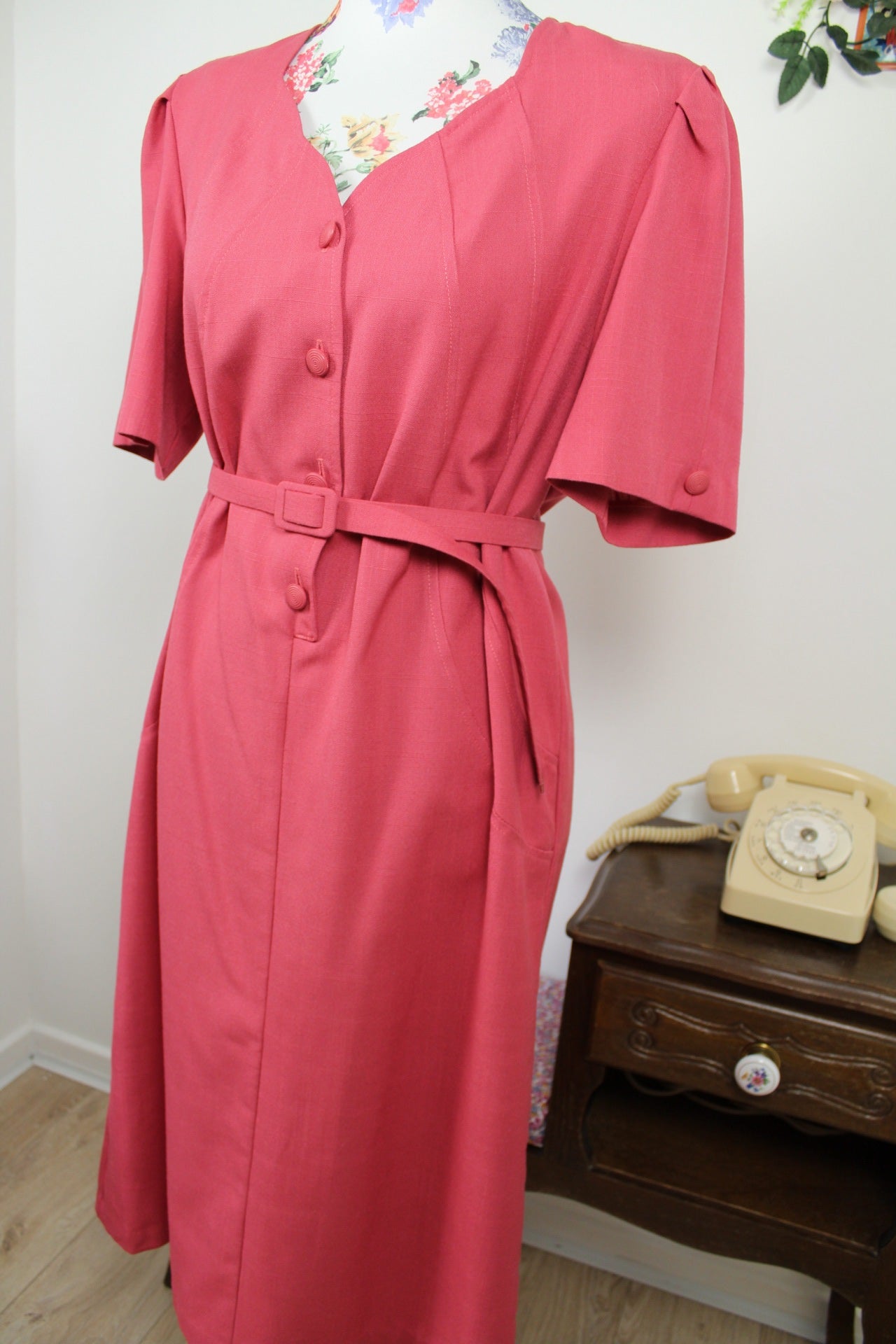 🌸🍒Robe vintage rose poudré 80's - coupe ceinturée - Taille 40/42🍒🌸