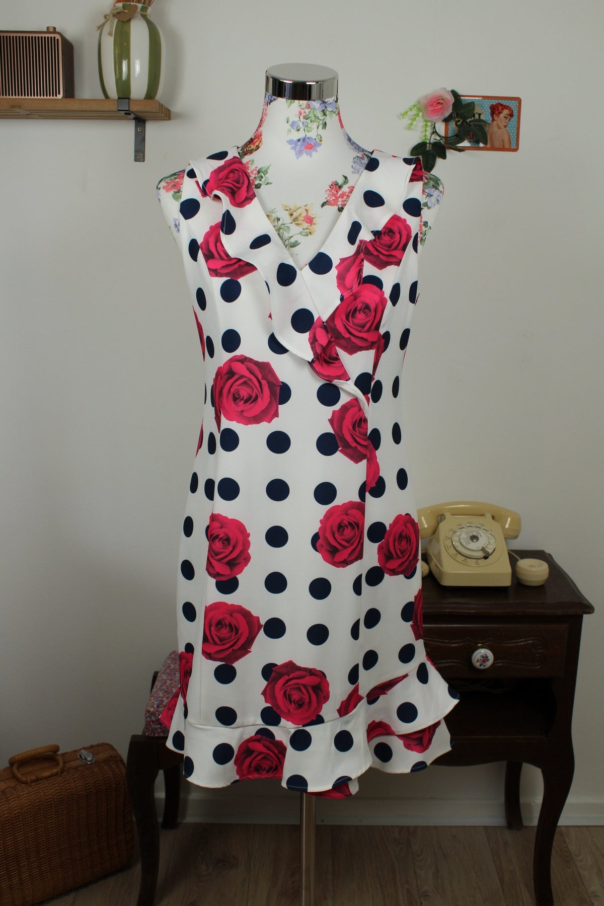 🌸🍒Robe rockabilly/pin-up pois marine & roses fuchsia - Jus d'Orange - Taille 38🍒🌸