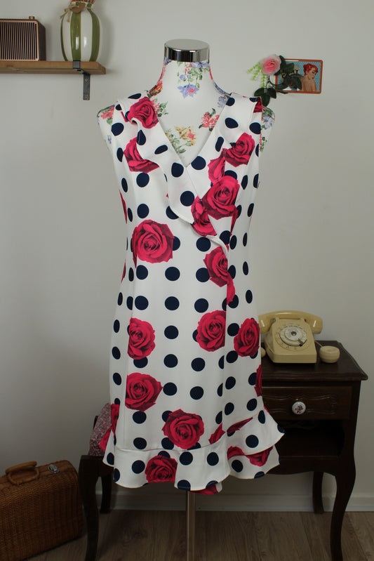 🌸🍒Robe rockabilly/pin-up pois marine & roses fuchsia - Jus d'Orange - Taille 38🍒🌸