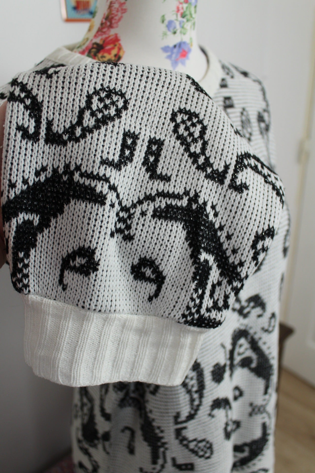 🌸🍒Pull vintage années 80 paisley graphique - noir et blanc - Taille 38 à 42🍒🌸