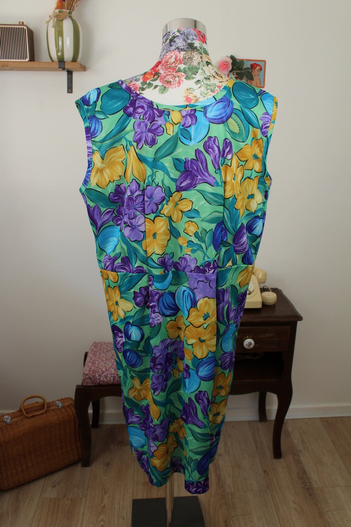 🌸🍒Robe vintage années 80/90 vert lumineux, fleurs & kiwi - Taille 44 à 48🍒🌸