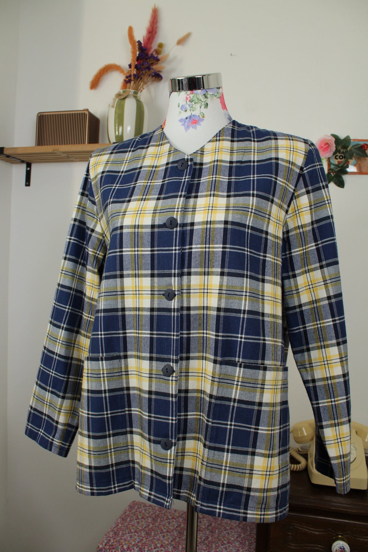 Veste vintage années 80/90 carreaux jaunes & marines en coton - Taille 40/42