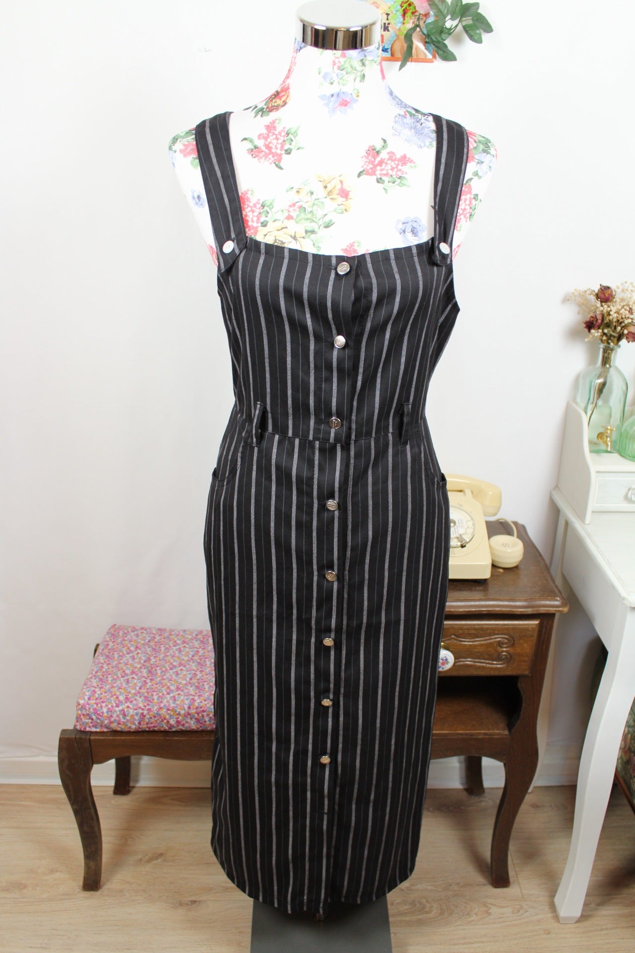 🍒🌸Robe jupe-salopette vintage Rita Marlow Paris rayée - style Mercredi Addams - T.34/36🌸🍒