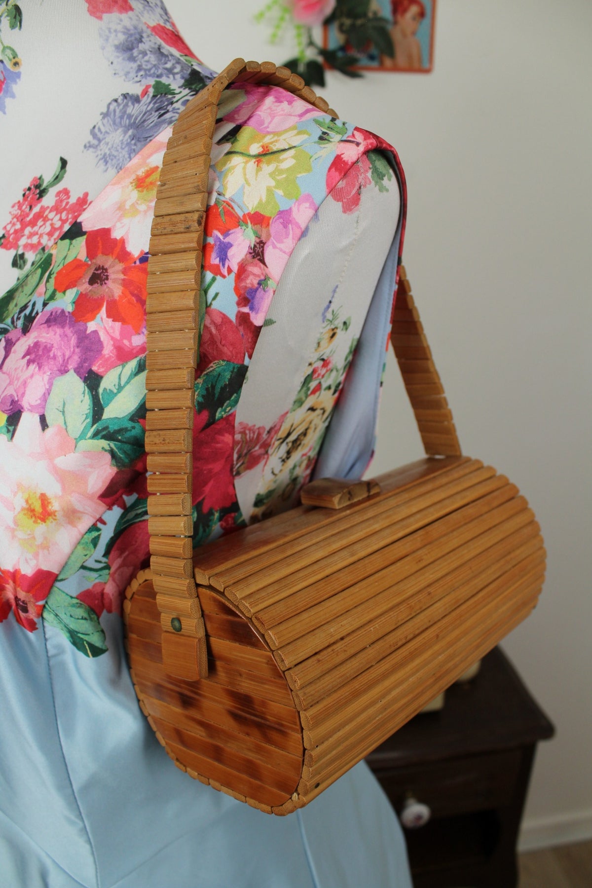 🌸🍒Sac vintage années 60/70 en lames de bois/bambou vernies esprit bohème🍒🌸