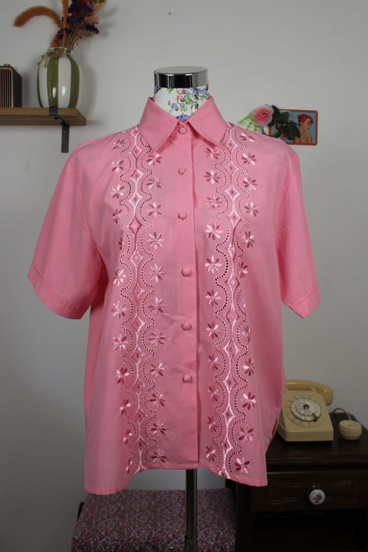 🌸🍒Chemise vintage 90's rose en coton - broderies anglaises florales - Taille 42/44🍒🌸
