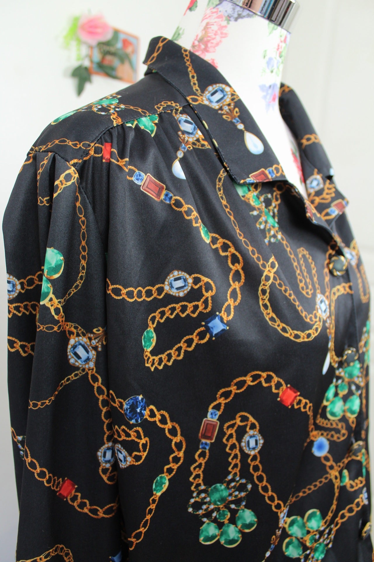 🌸🍒Blouse vintage 80/90s chaîne & bijoux col chemise - Afibel - Taille 44/46🍒🌸