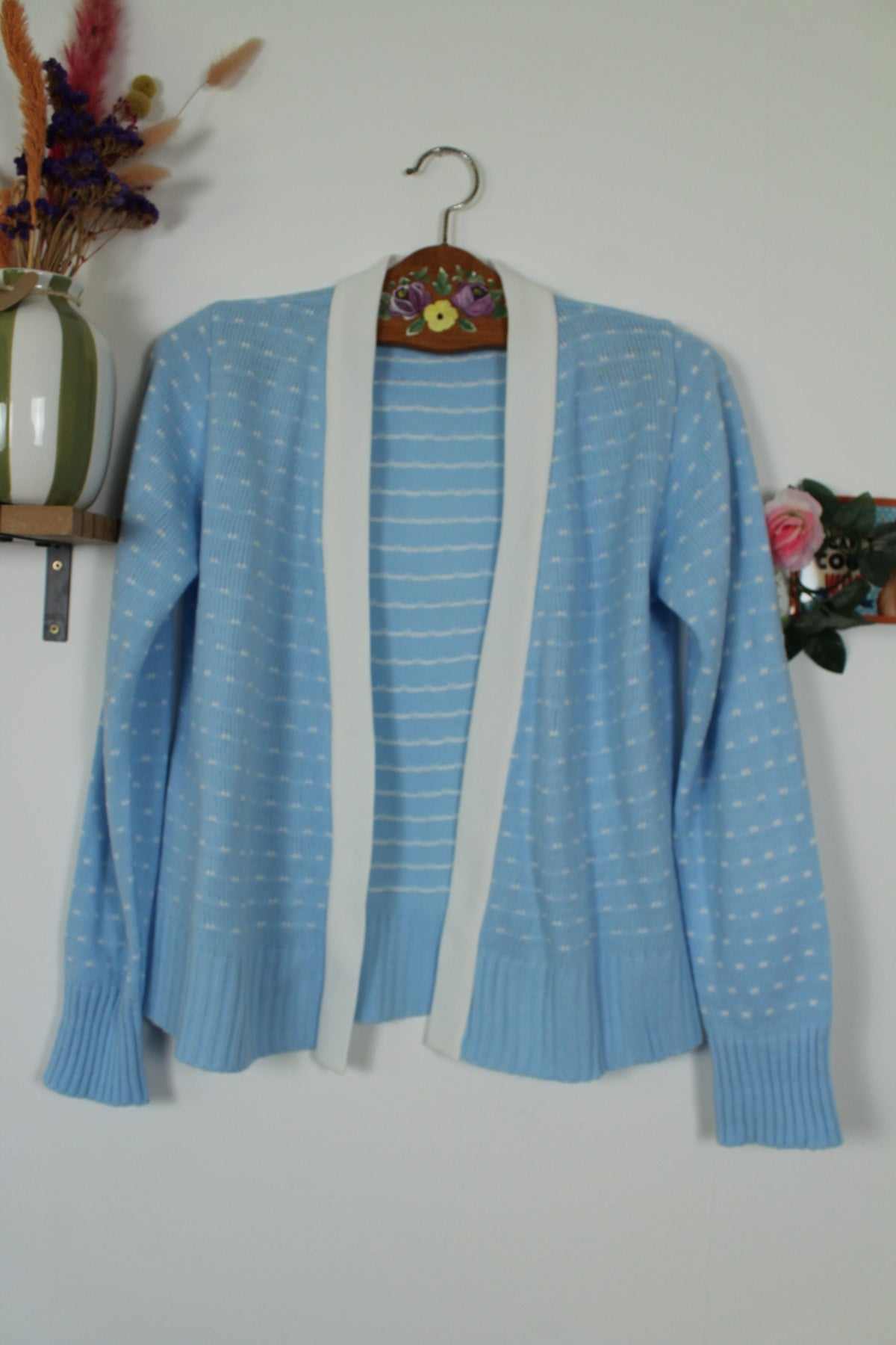 Cardigan pull vintage années 80 bleu ciel pep's à pois blanc - Taille 38