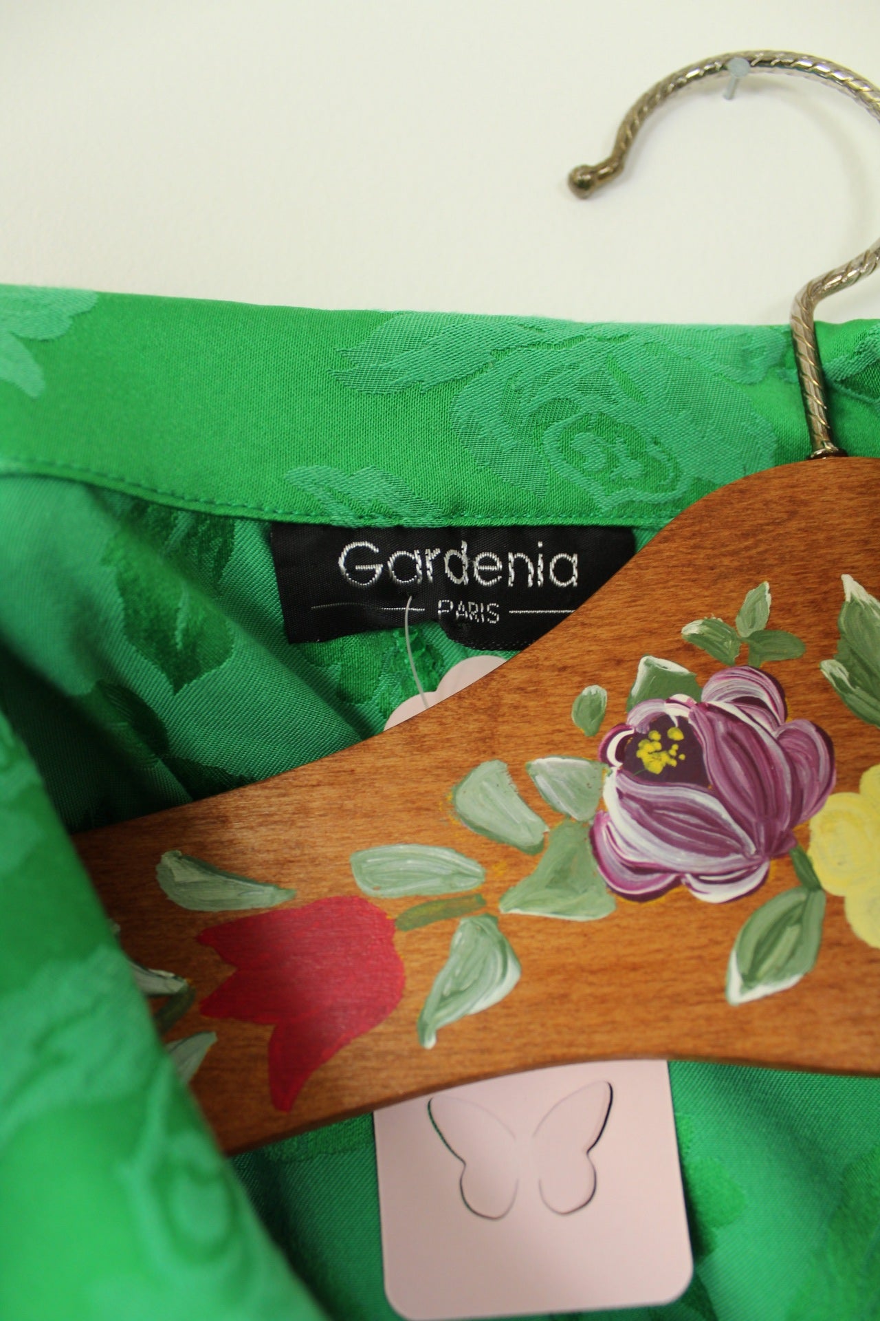 🌸🍒Robe vintage 80/90s romantique vert satiné & roses ton sur ton - Taille 40🍒🌸