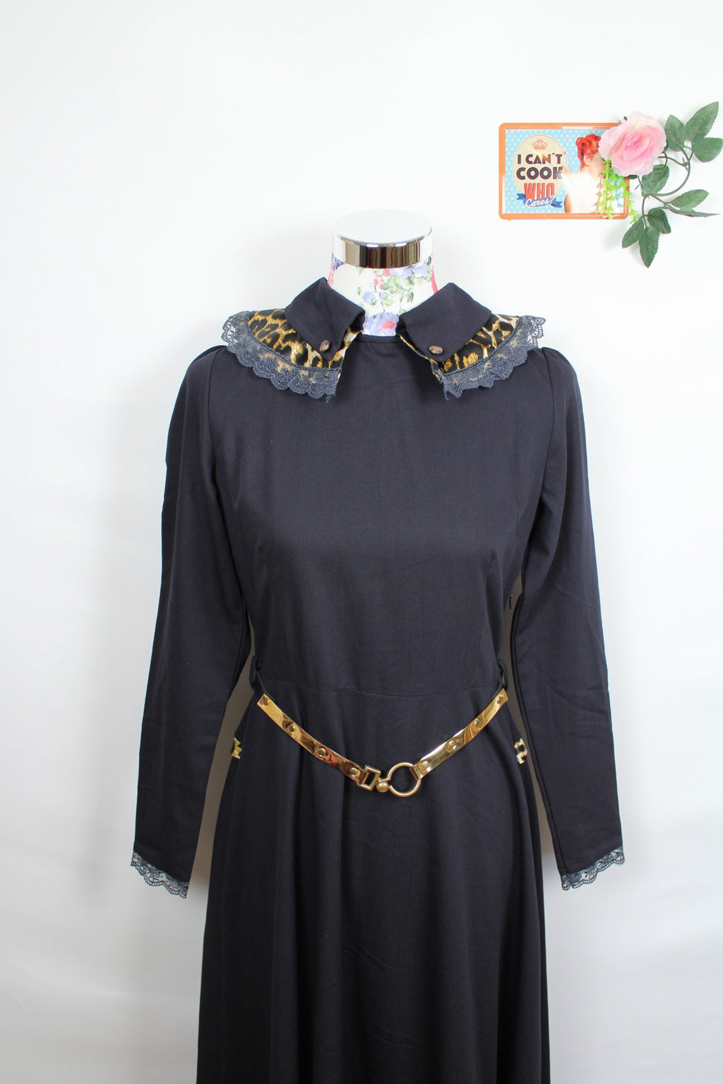 🌸Robe noire longue vintage 80's - empiècements léopard & dentelle - couture chic🍒