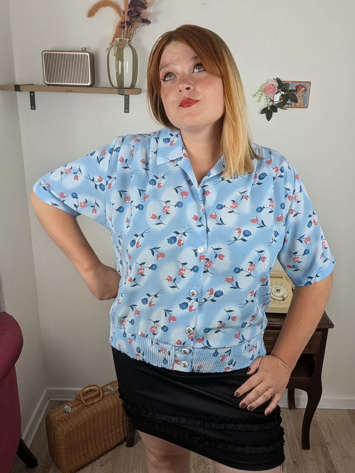 🌸🍒Chemise vintage années 90 bleu lumineux & tulipes - Taille 44/46🍒🌸
