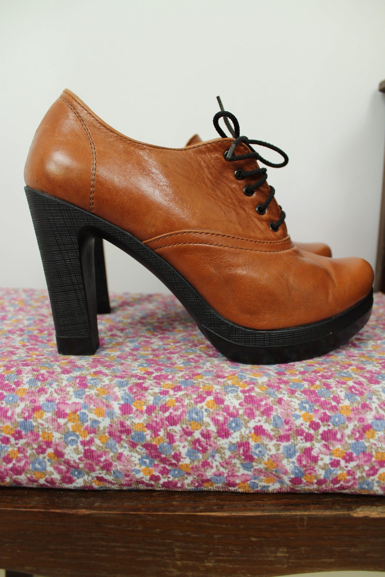🌸🍒Derbies à talons en cuir marron type oxford rétro - pointure 39🍒🌸