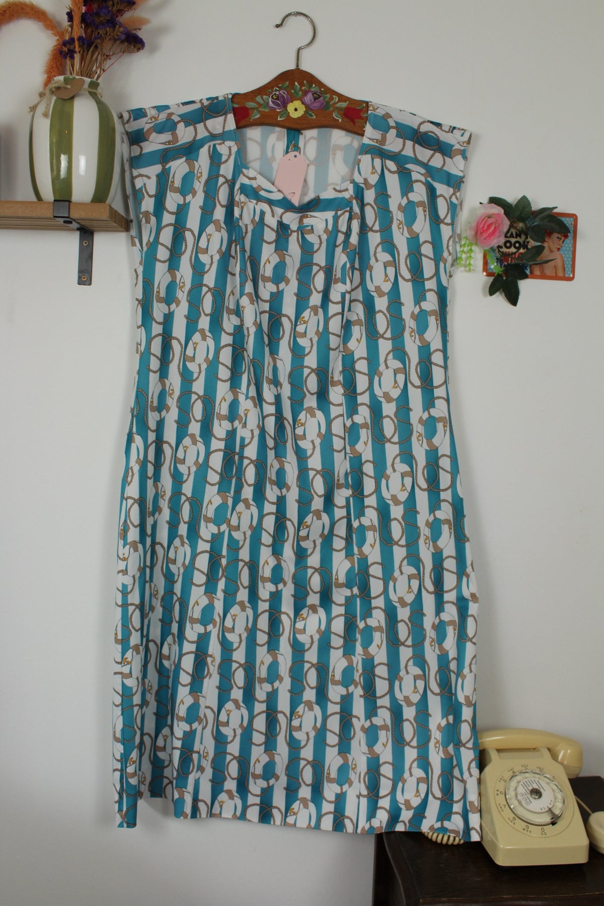 🌸🍒Robe vintage années 80 Navy rayures turquoises & motifs nautiques - Taille 38 à 42🍒🌸