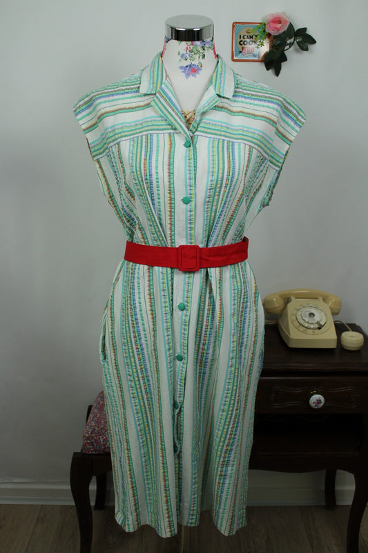 🌸🍒Robe vintage 70/80's couleurs pastel & rayures ondulées + ceinture - Taille 40/petit 42🍒🌸