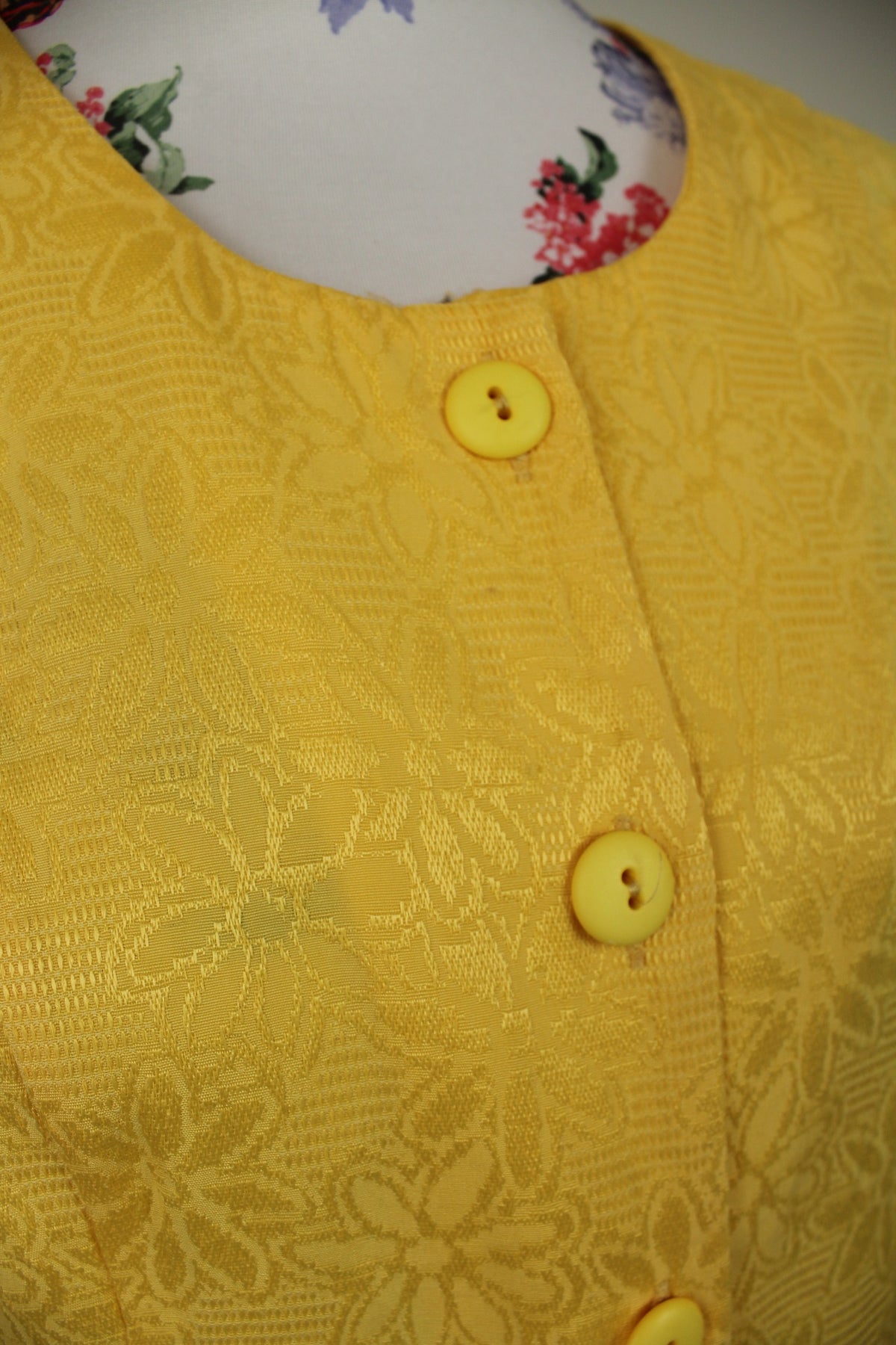 🌸🍒 Ensemble jupe + blouse vintage années 80 tissu texturé jacquard fleuri jaune - Taille 38/40🍒🌸