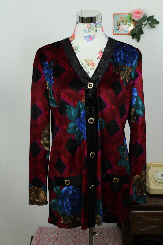 🌸🍒Blouse/cardigan fin vintage 90's en velours bordeaux fleuri - Taille 38/petit 40🍒🌸