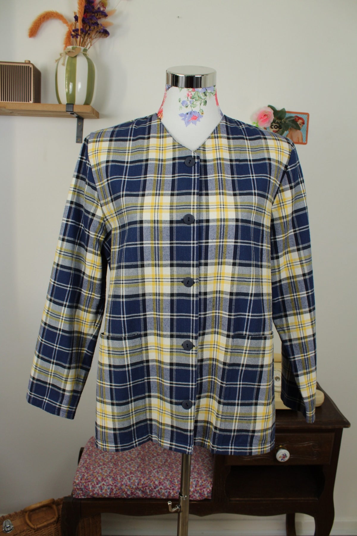 Veste vintage années 80/90 carreaux jaunes & marines en coton - Taille 40/42