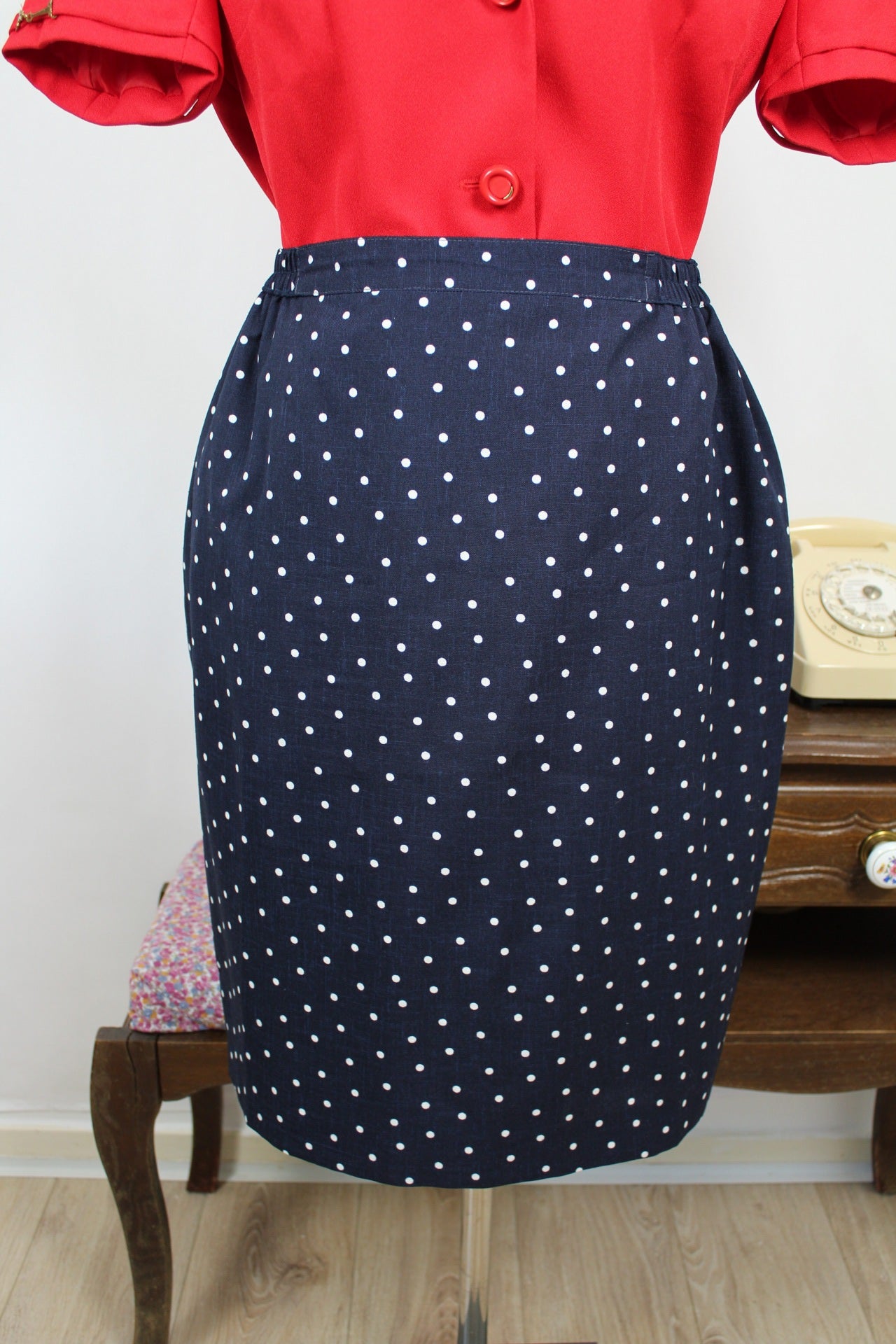 🌸🍒Jupe vintage 80's esprit pin-up rockabilly bleu marine à pois - Taille 38/40🍒🌸