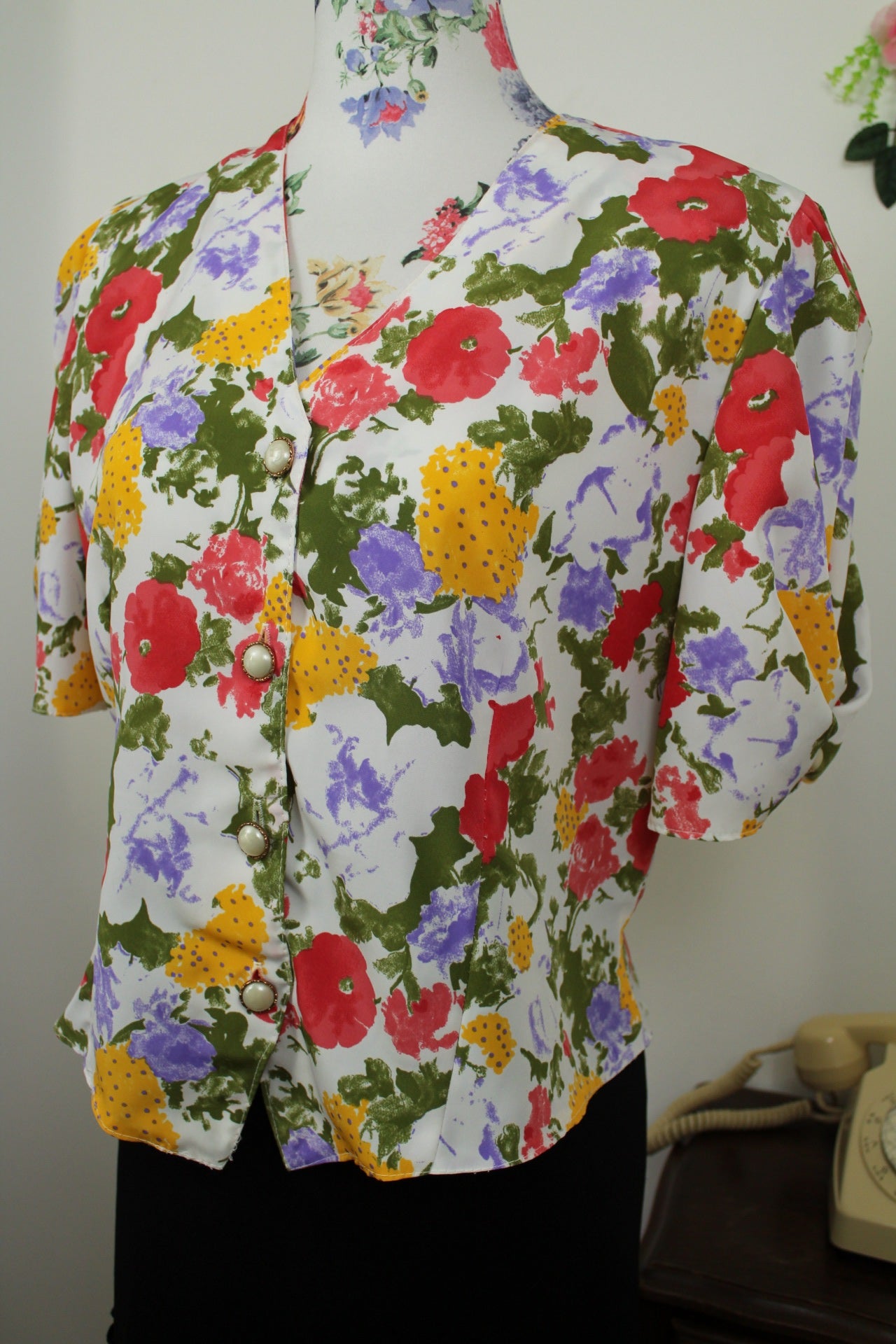 🌸🍒Blouse vintage 80's fleurie aquarelle & boutons bijoux nacrés - Taille 40/42🍒🌸
