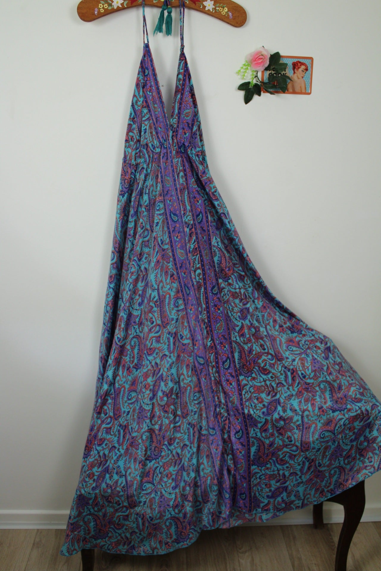 🌸🍒Robe longue en soie summer vives turquoise, paisley & fleurs stylisées - Taille 40/42🍒🌸