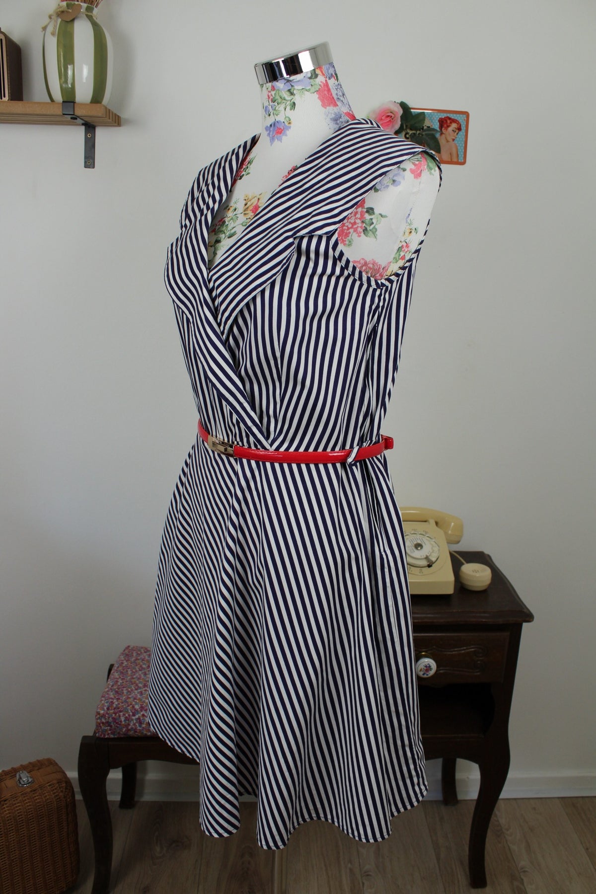 Robe Navy vintage années 90 rayée en coton style pin-up/rockabilly - Taille 38