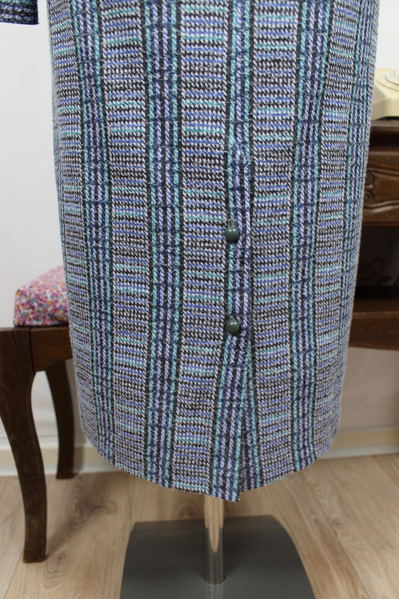 🌸🍒Robe vintage 70/80's d'hiver graphique bleu & verte - ceinture incluse - Taille 38/40🍒🌸