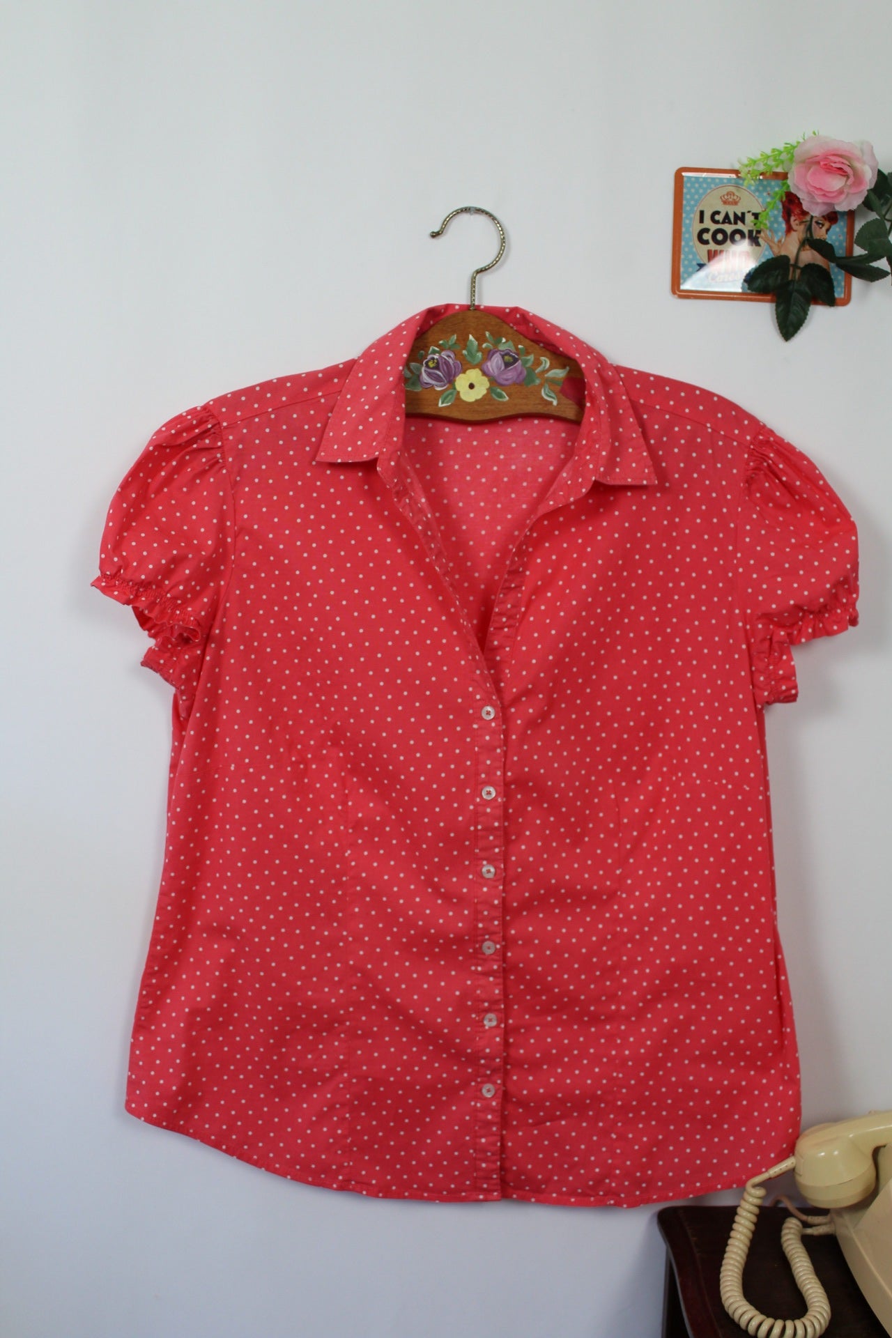 🌸🍒Chemise manches courtes vintage 90s/2000s rose bonbon à pois pin-up - Taille 42/44🍒🌸