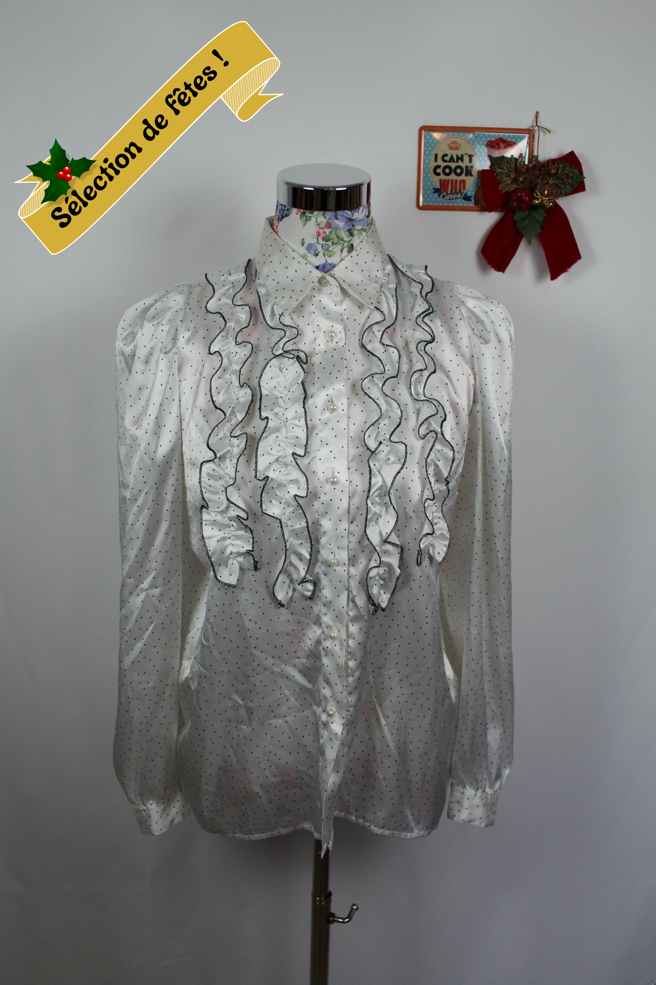 ✨Chemise vintage à volants Daniel Duval Paris - pois noir & satinée✨