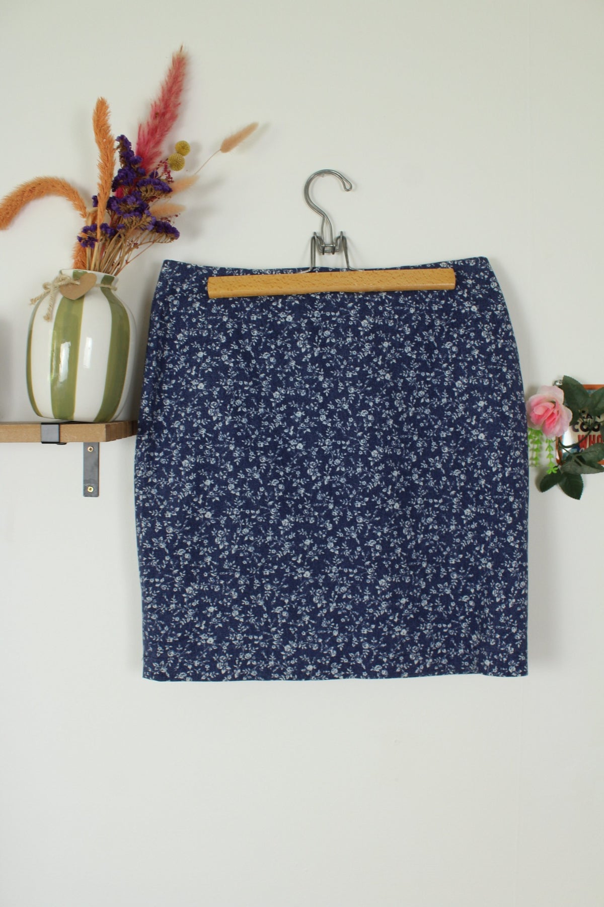 Jupe vintage années 90 Nina Kalio en denim effet fleuri liberty - Taille 40