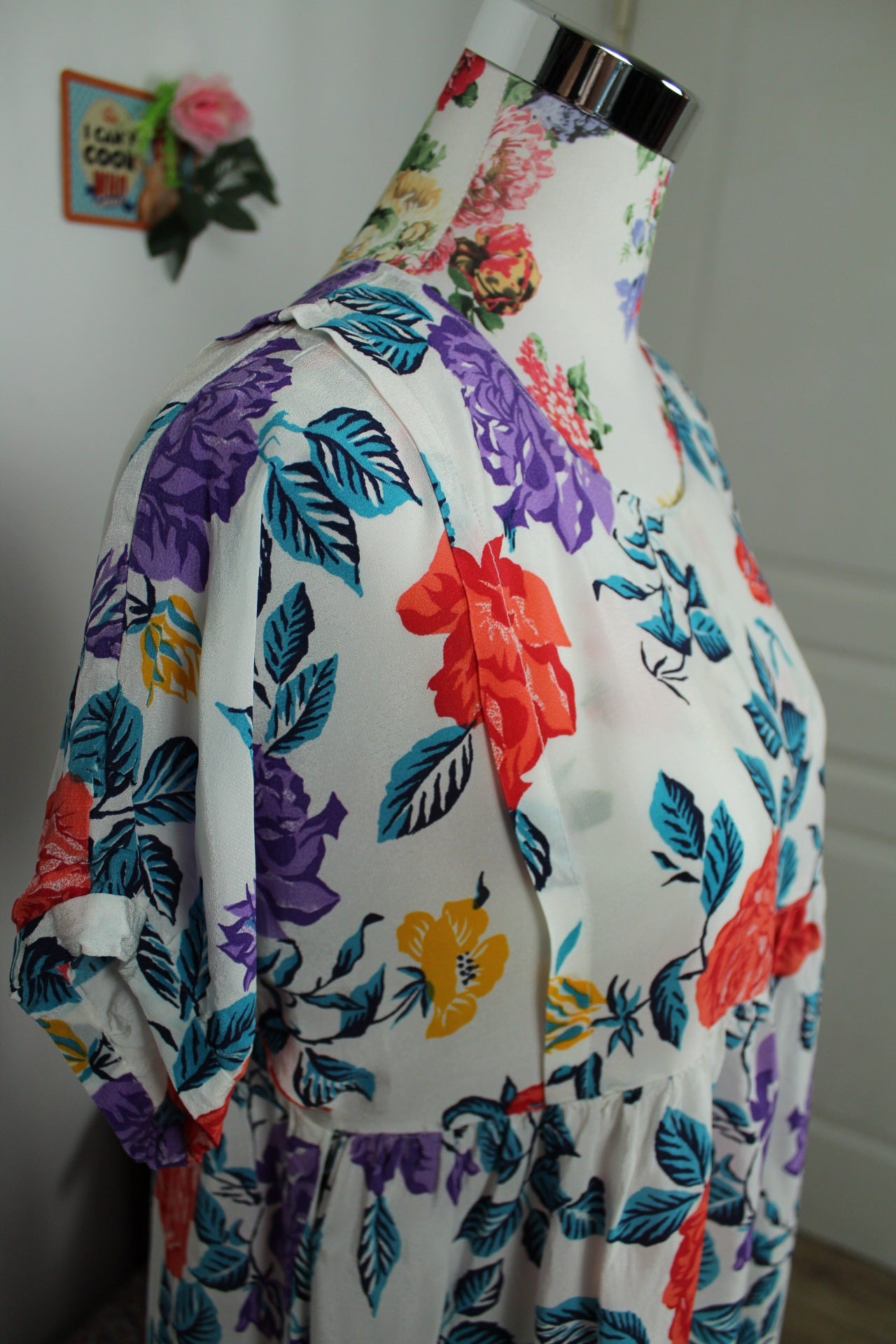 🌸🍒Robe vintage 80's blanche fleurie pep's - coupe & manches amples - Taille 38/40🍒🌸
