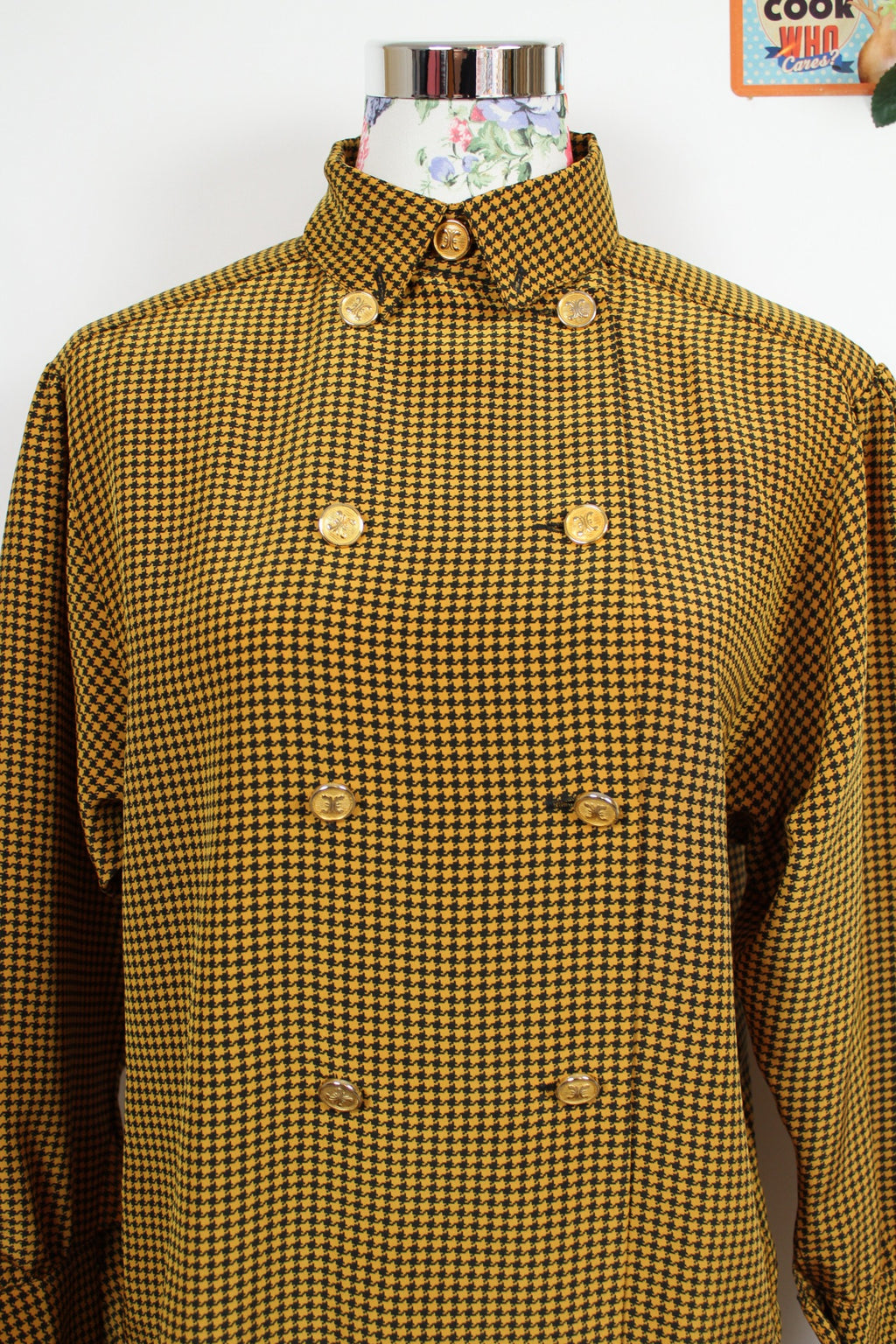 🌸Chemise vintage 80s chic - pieds de poule moutarde & boutons dorés🍒