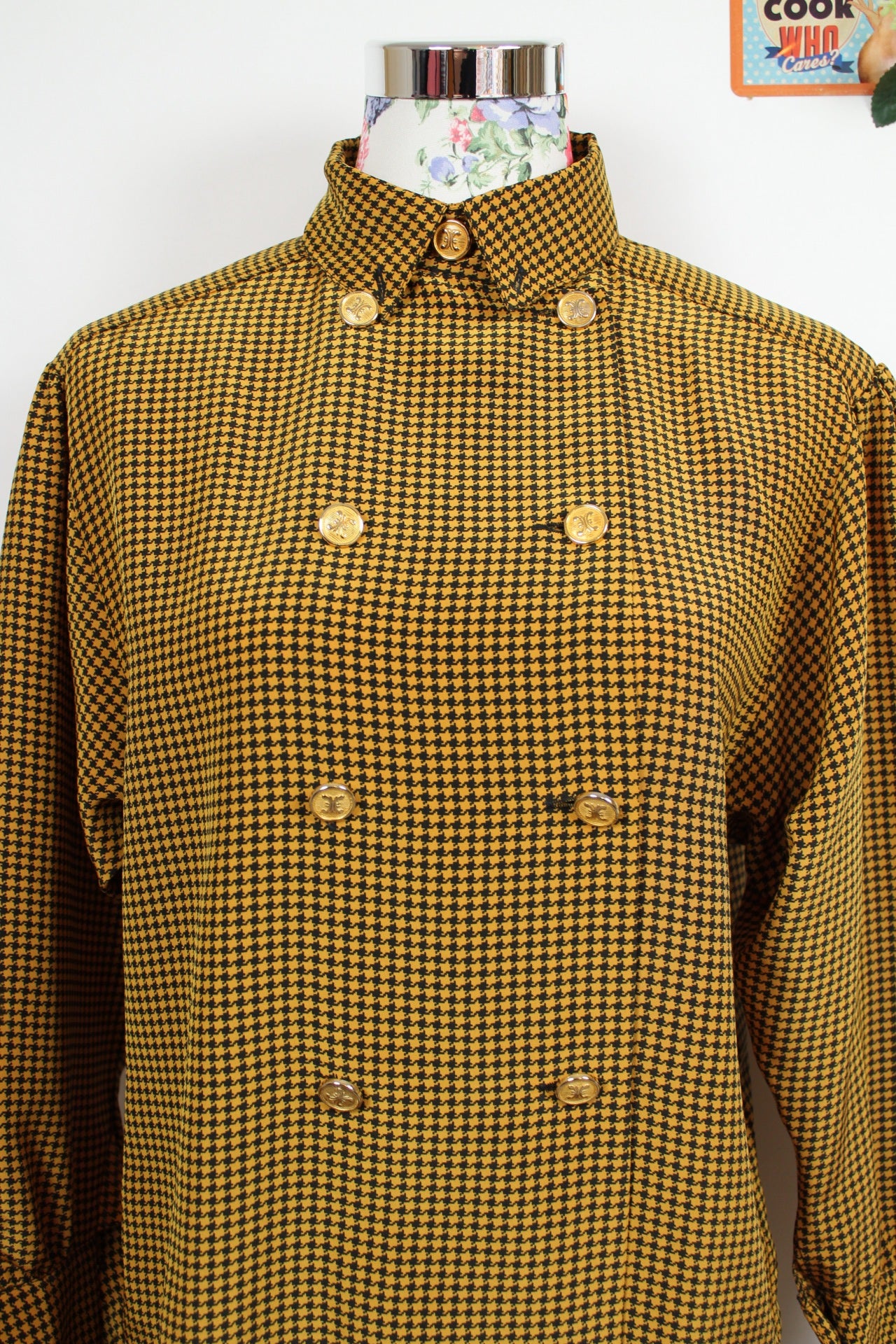 🌸Chemise vintage 80s chic - pieds de poule moutarde & boutons dorés🍒