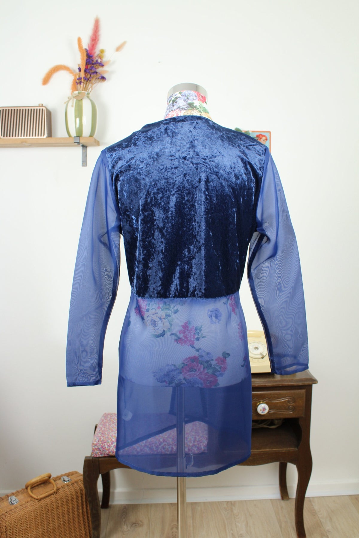 Blouse vintage années 90 bi matière velours satiné & transparence marine - Taille 38/40