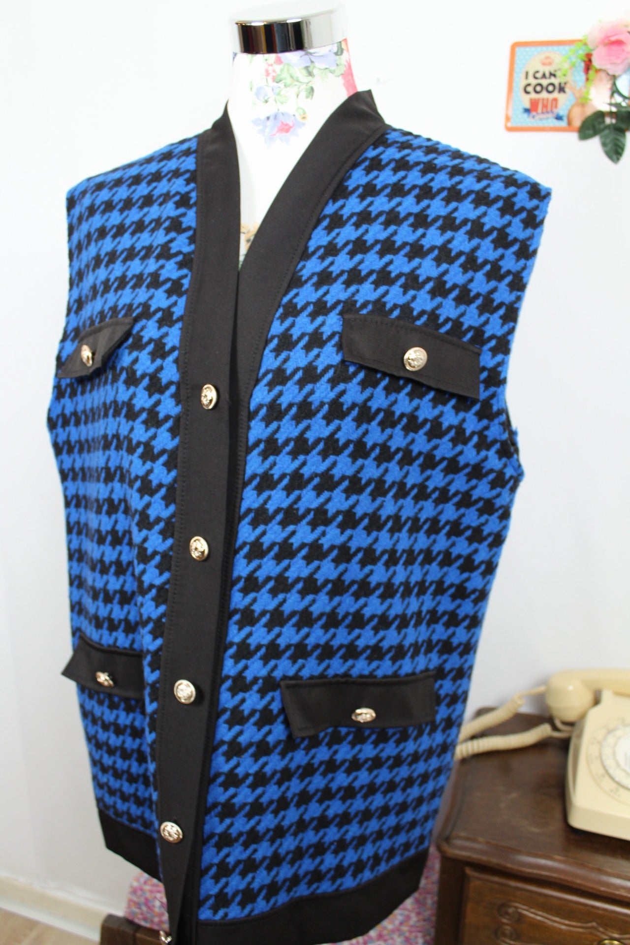 🌸🍒Cardigan/gilet sans manches pieds de poule 90's bleu électrique - made in Italy - Taille 40/42🍒🌸