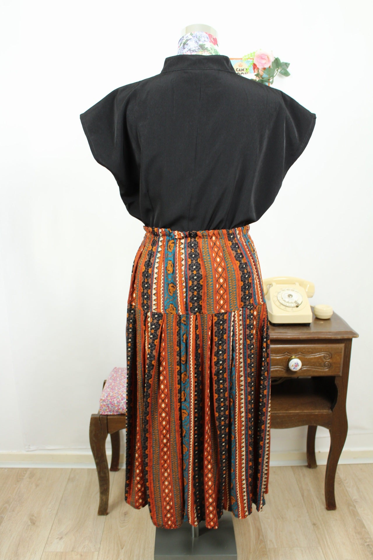 🌸🍒Jupe midi vintage 70's bohème folk terracotta & turquoise - Taille 36 à 40🍒🌸