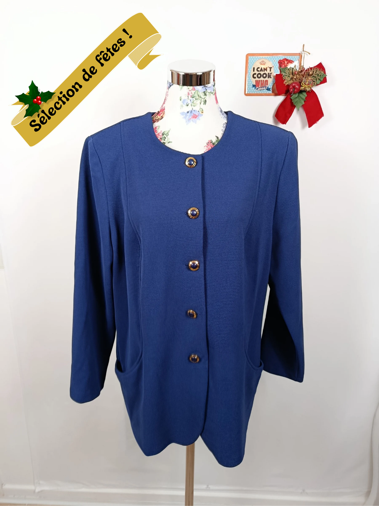 ✨Veste blazer vintage 80/90s - bleu roi à boutons bijoux chic✨