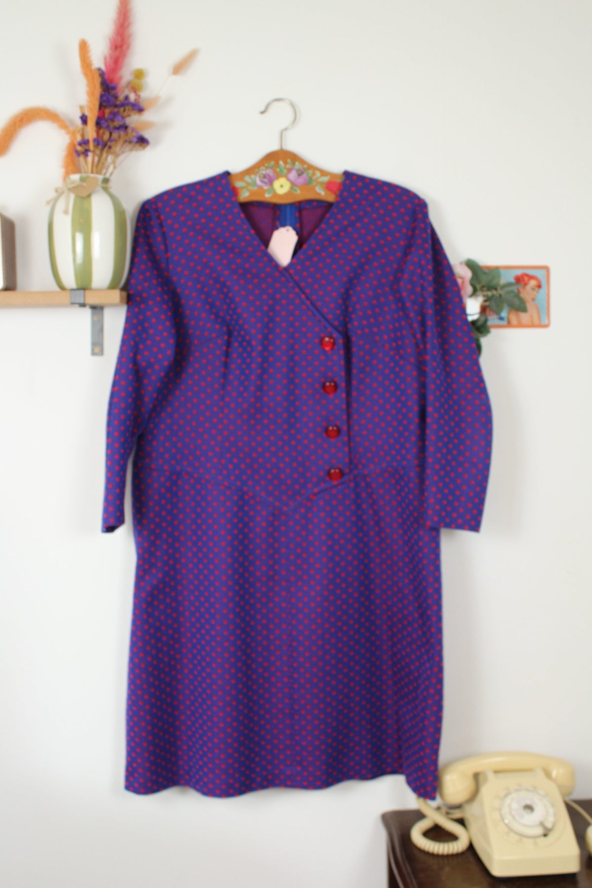 Robe pin-up vintage années 70/80 automne/hiver - violette & pois rouges - Taille 42/44