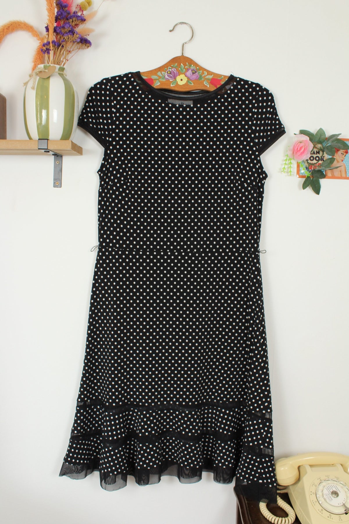 🌸🍒Robe vintage années 90 noire à pois - style pin-up & volants ajourés - Joseph Ribkoff - Taille 36/38🍒🌸