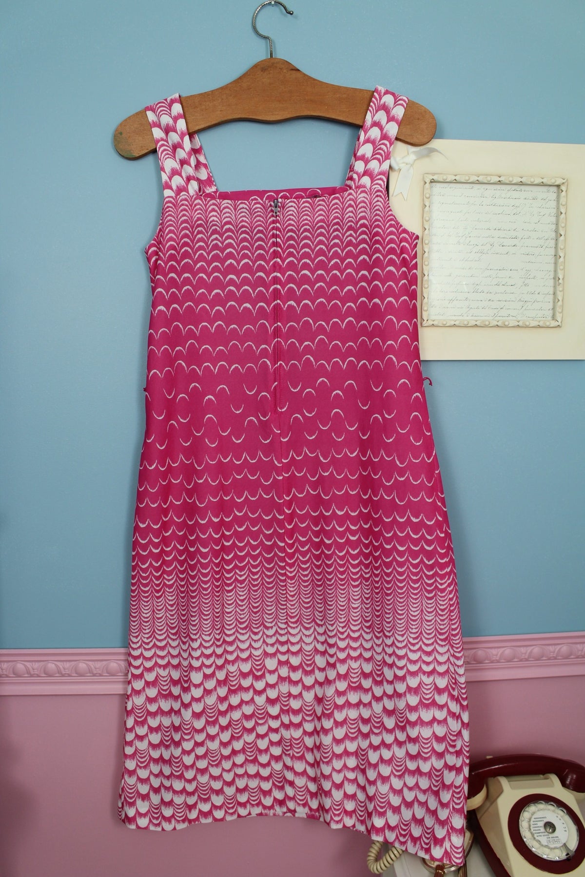 Ensemble robe + boléro vintage années 70 rose pep's motif coquille - Taille 36