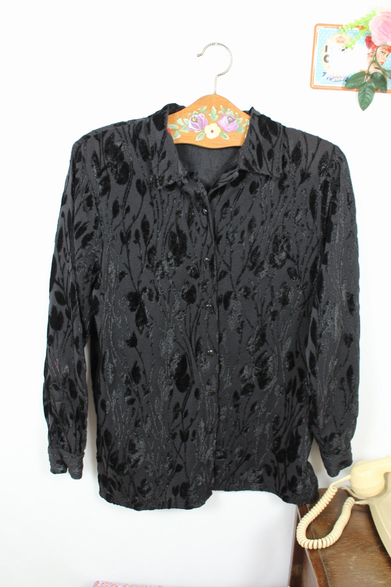 🌸🍒Chemise noire vintage fleurs en velours années 80 - Taille 38/40🍒🌸