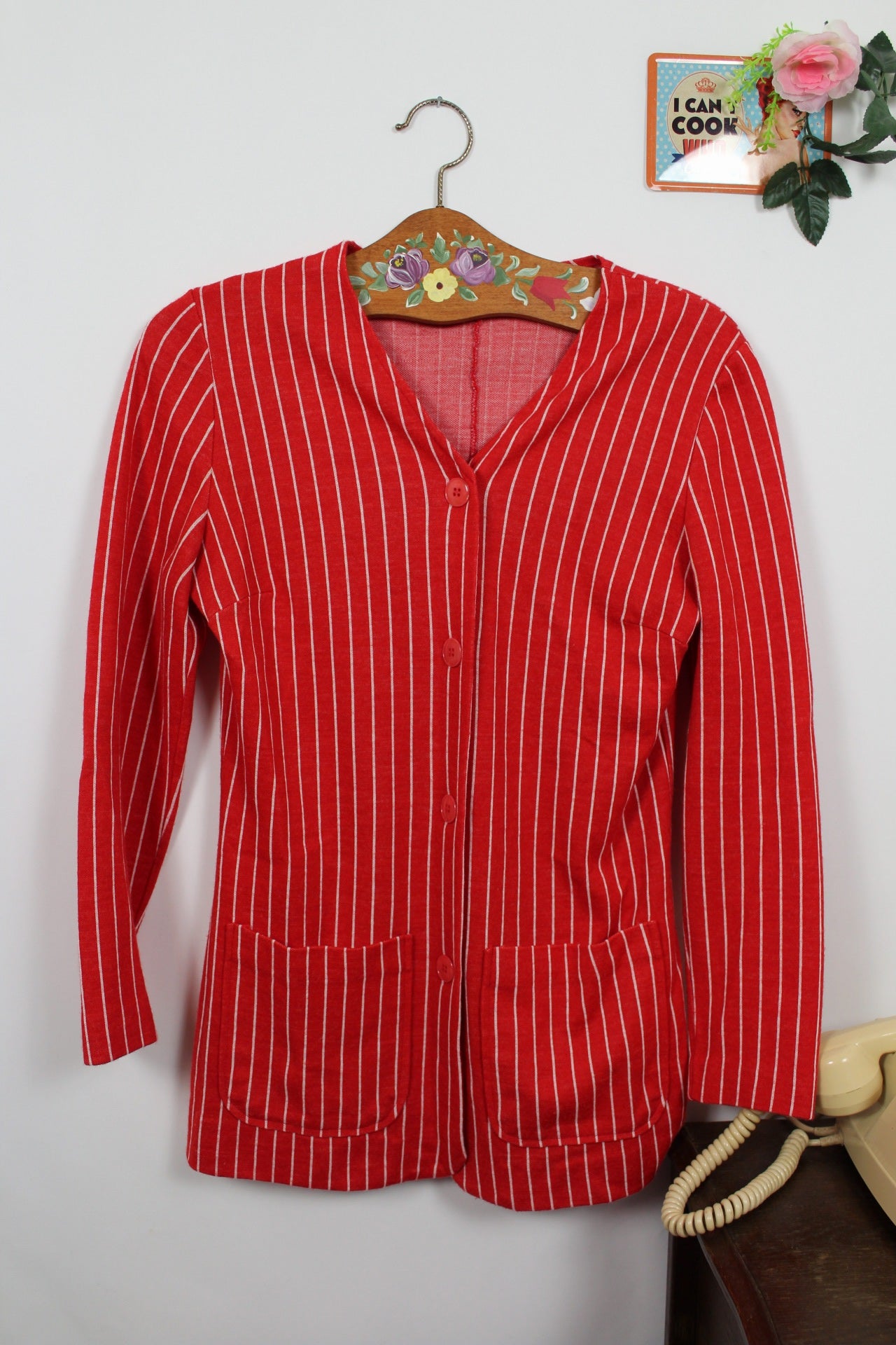 🍒🌸Cardigan romantique vintage rayé rouge années 80 - Taille 36🌸🍒