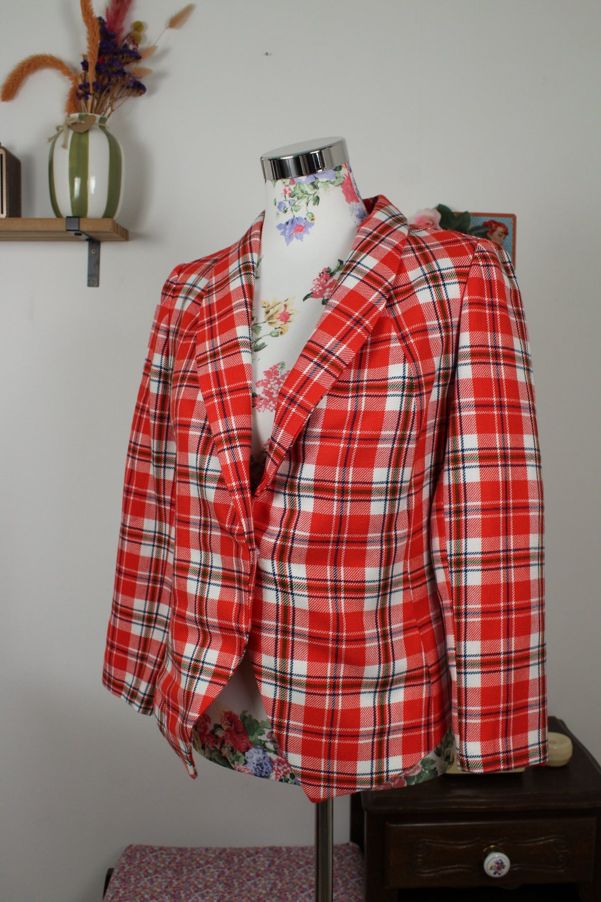 Veste vintage années 80 carreaux tartan rouge & blanc - à deux pans pointus - Taille 38