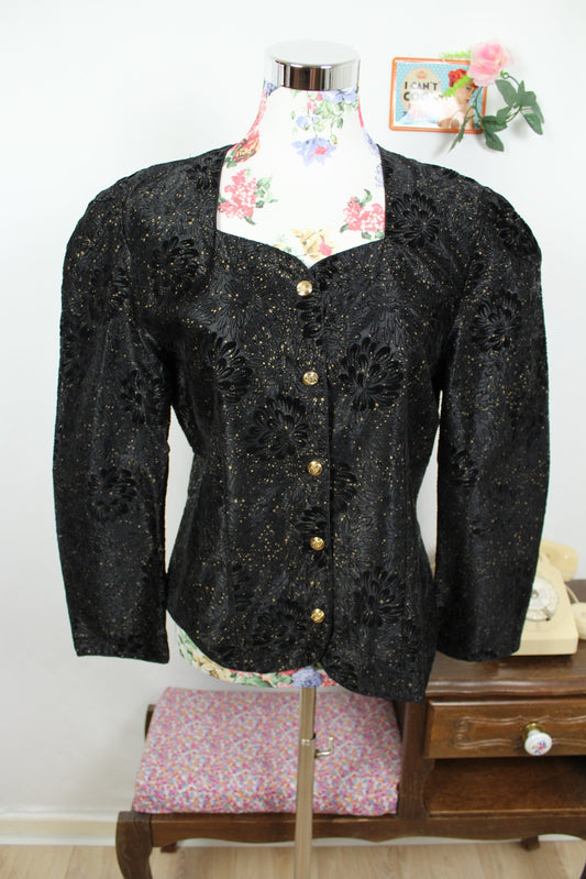 🌸🍒Blouse vintage 80's satinée - fleurs en velours & pois dorés - Taille 38🍒🌸