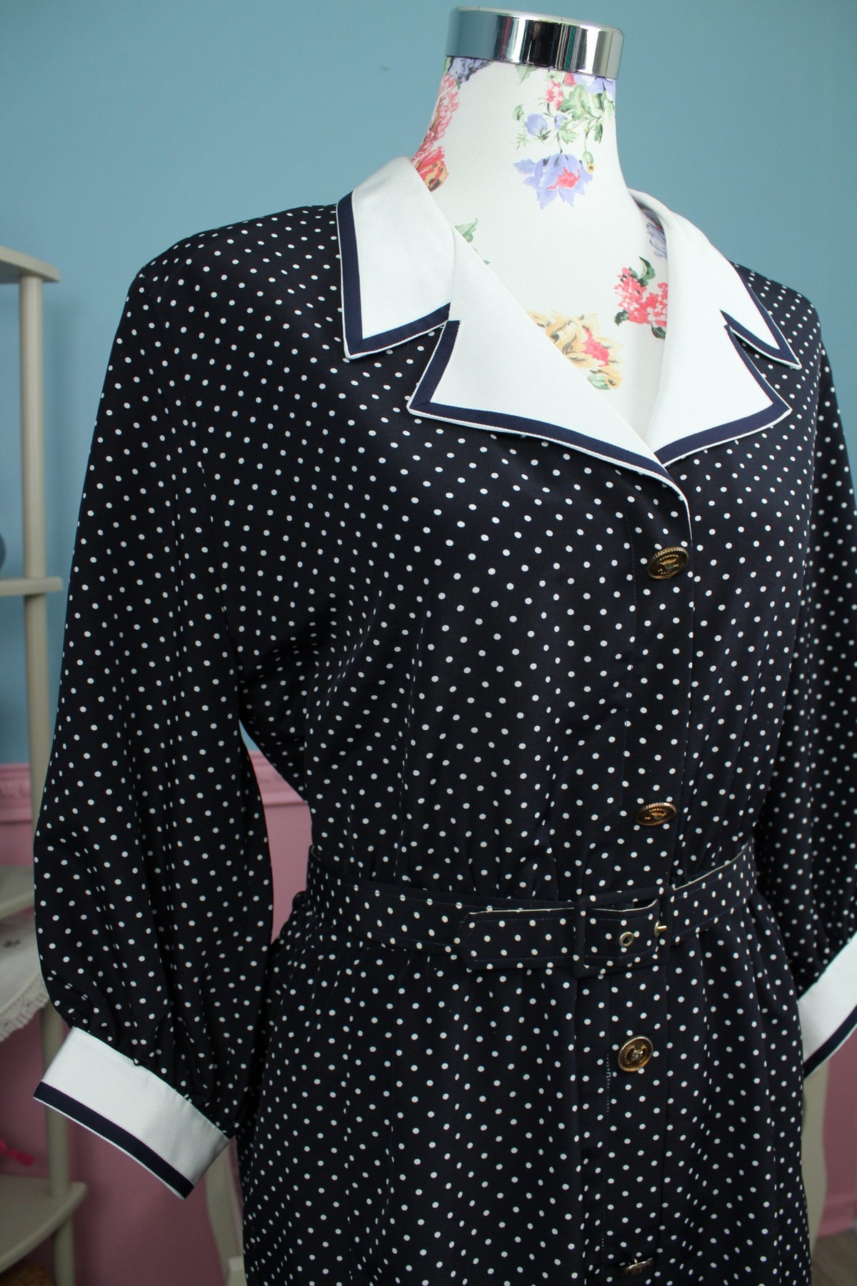 Robe années 80 bleu marine à pois pin-up Navy preppy vintage - Taille 40/42