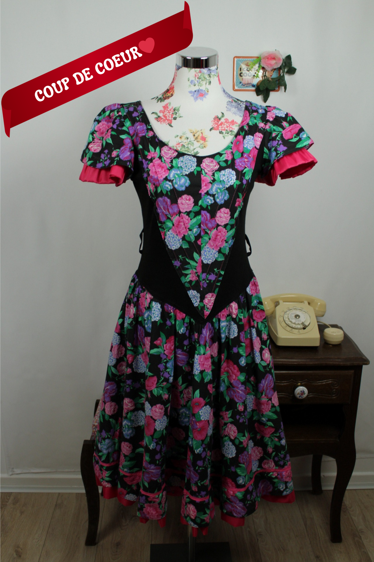 🌸🍒Robe vintage 80s plastron corset fleurie bohème romantique folk jupe évasée - Taille 36/38🍒🌸