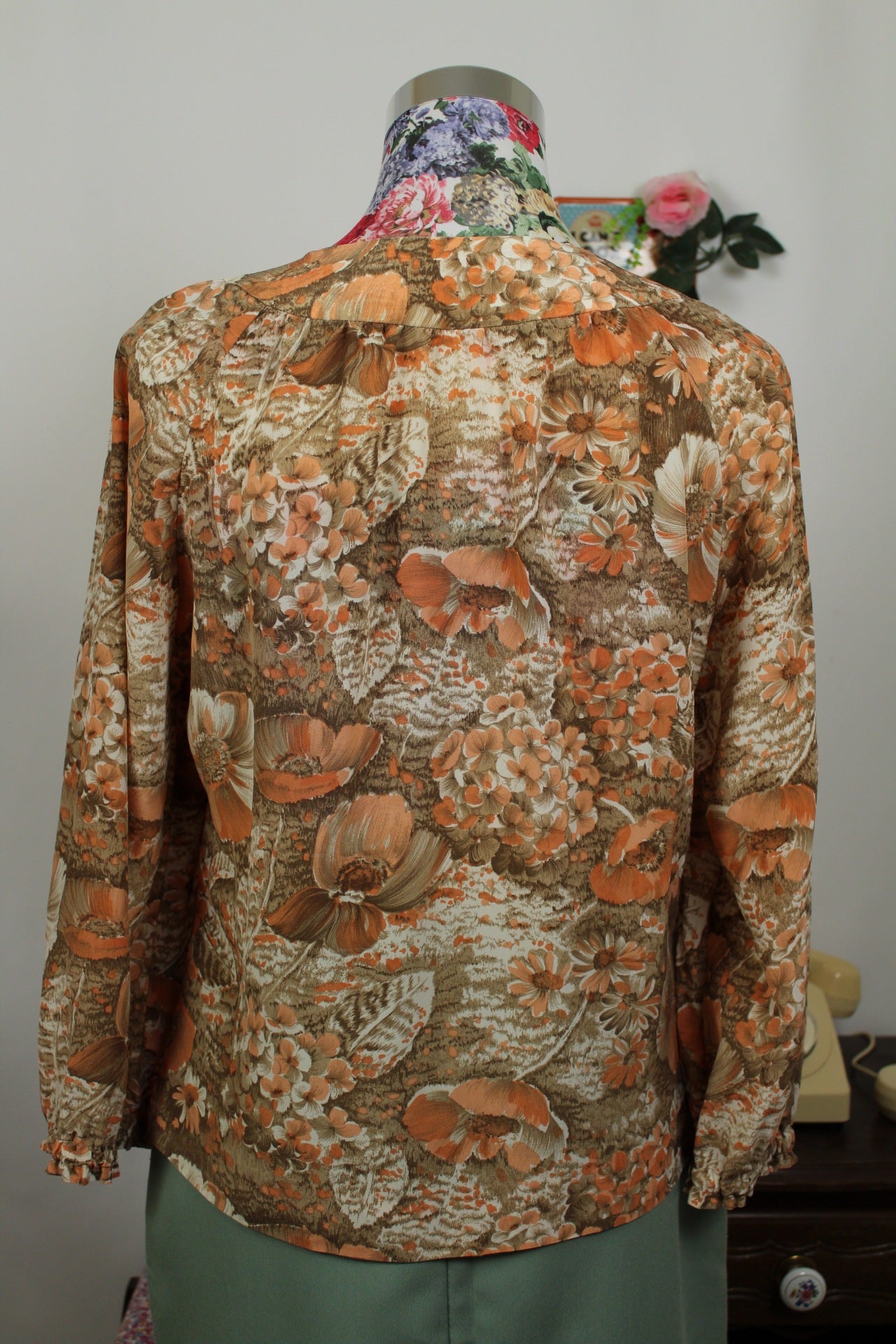 🌸🍒Blouse vintage 70's "papier peint - fleurs automnales" légère - Taille 38/40🍒🌸