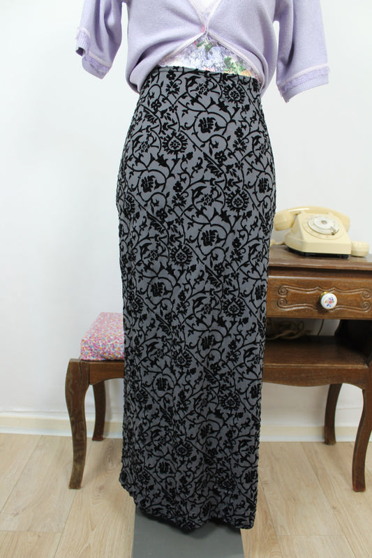 🌸🍒Jupe longue vintage 90's velours floral baroque en relief - coupe crayon dark romantique - Taille 34/36🍒🌸