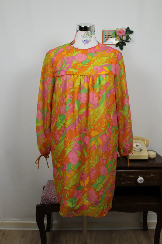 🍒🌸Robe psychédélique fleurie vintage 70's couleurs pep's - Taille 38🌸🍒