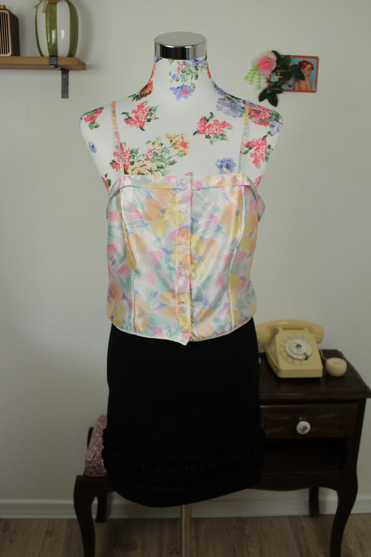 🌸🍒Top court vintage 90's bustier en satin & fleurs en aquarelle pastel - Taille 38🍒🌸