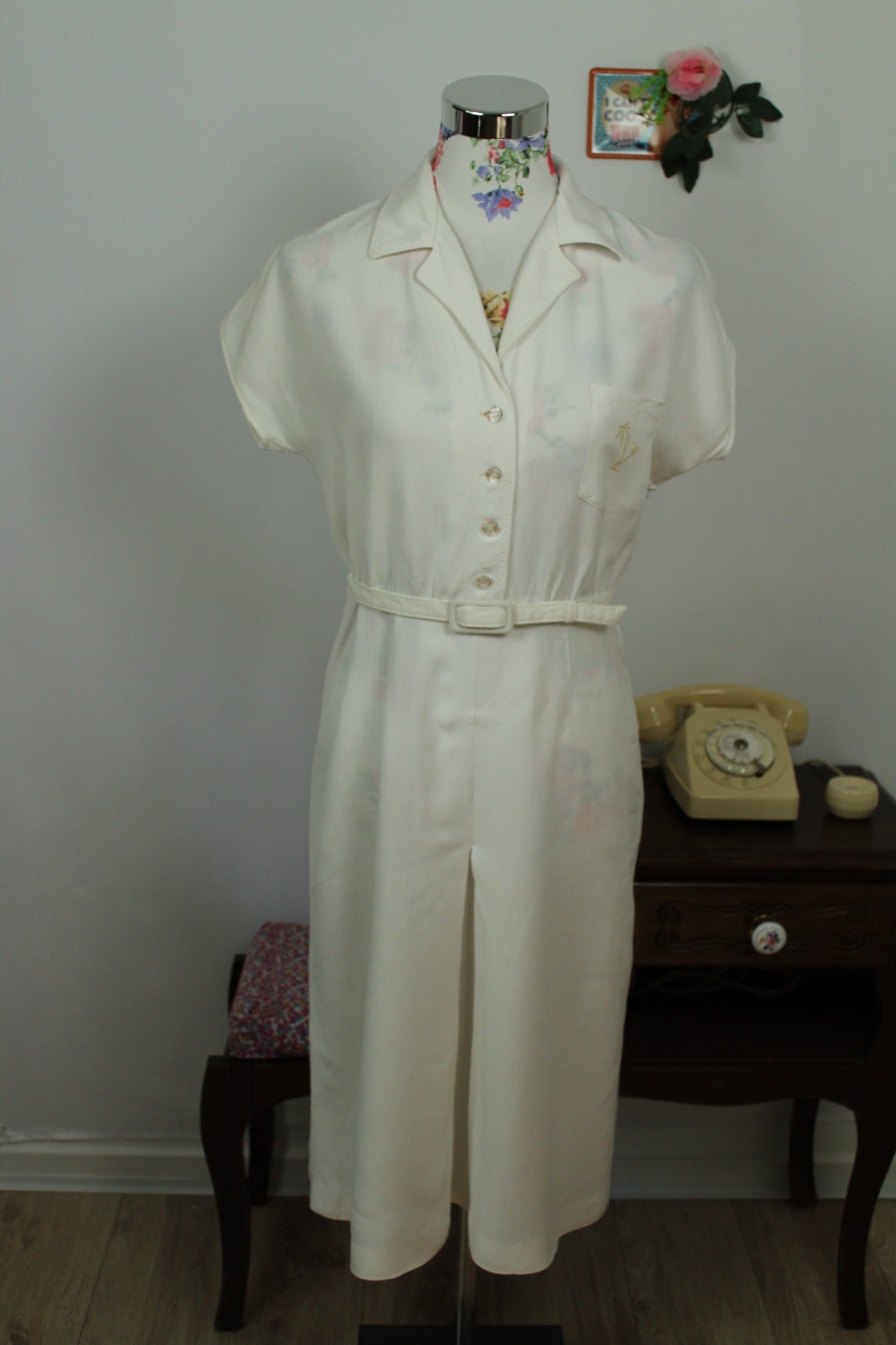 🌸🍒Robe blanche vintage 90's lin & viscose - palmier brodé - Taille 38🍒🌸