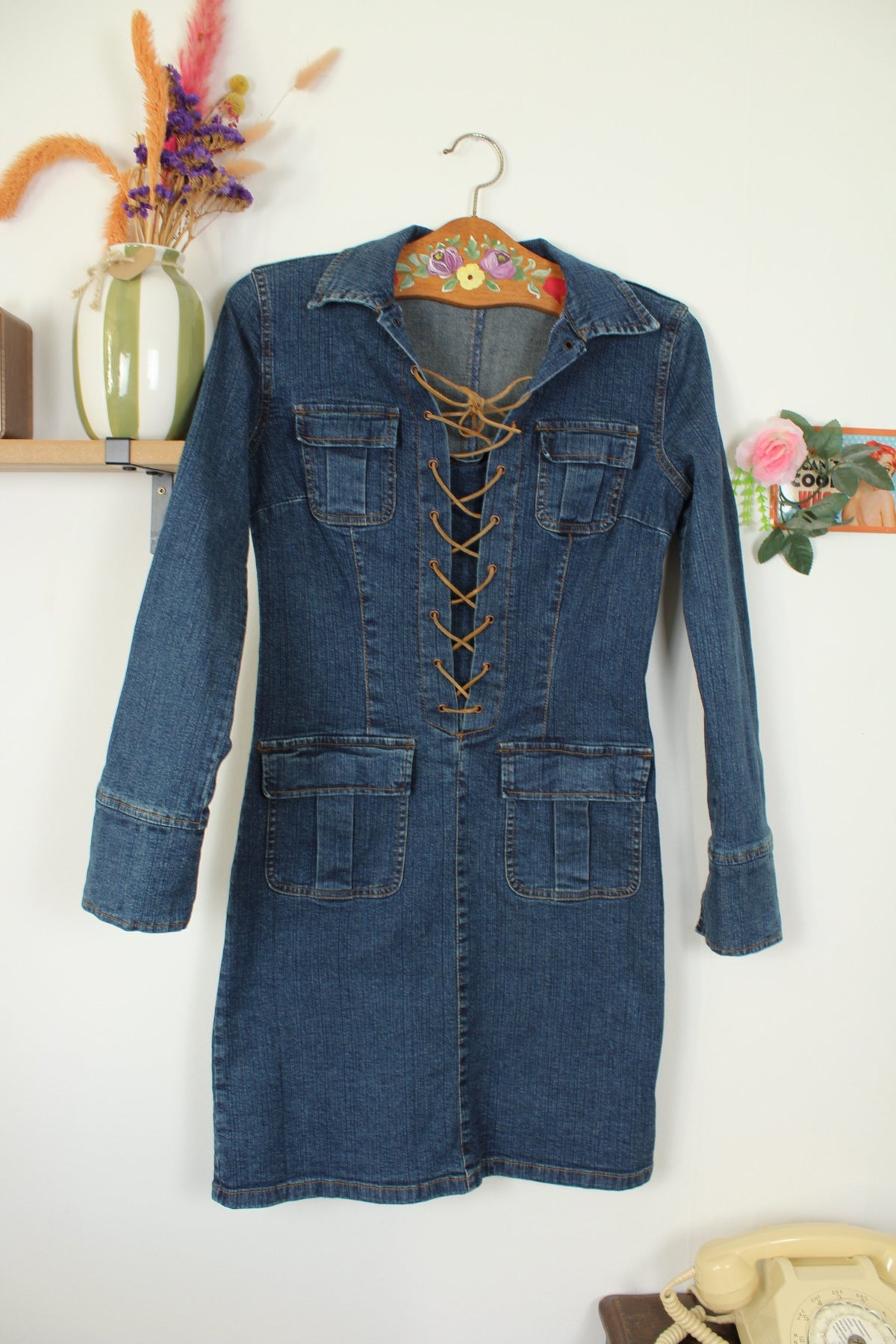 Robe vintage années 90 en jean & laçage marron - Taille 36